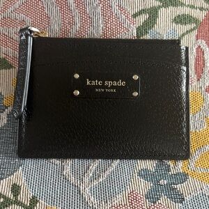 kate spade Black Leather Zip Card Case with Gold Logo
